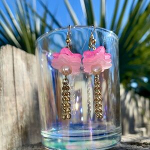 Pink Floral Freshwater Pearl Dangle Earrings with Gold Chains handmade